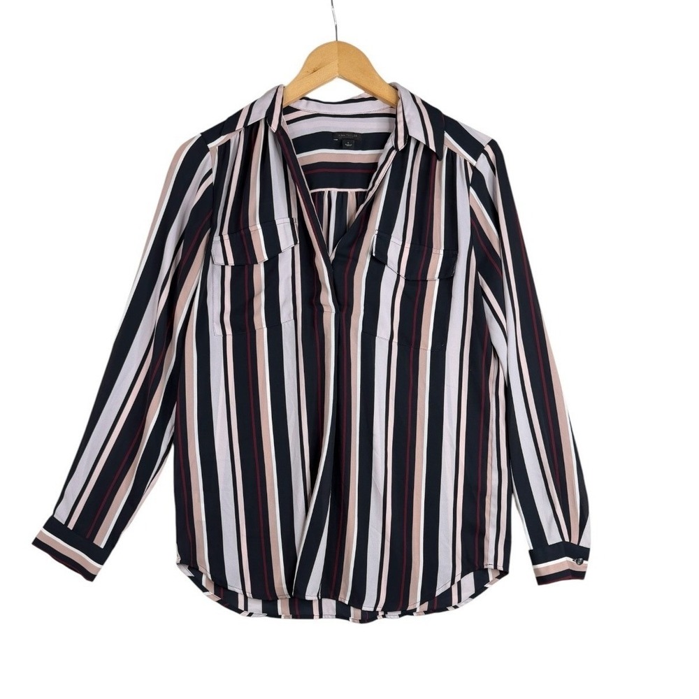 Ann Taylor Striped Long Sleeve Button Down Blouse size Small Blue/Pink